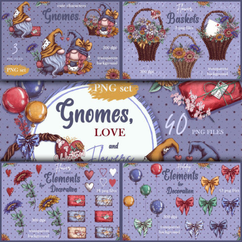 Gnomes, Love and Flowers on the transparent background.