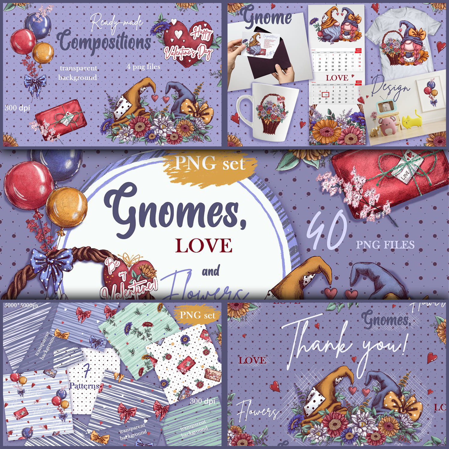 Cute characters of Gnomes, Love and Flowers.