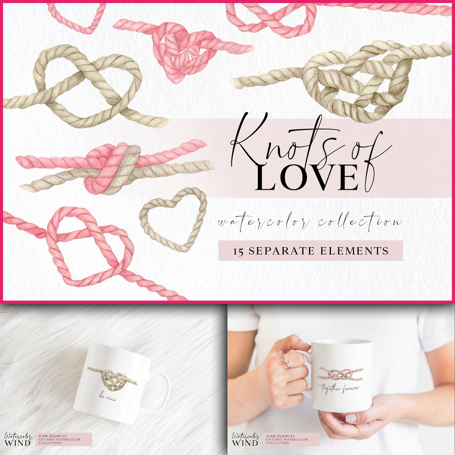 15 separate elements of knots of love watercolor collection.