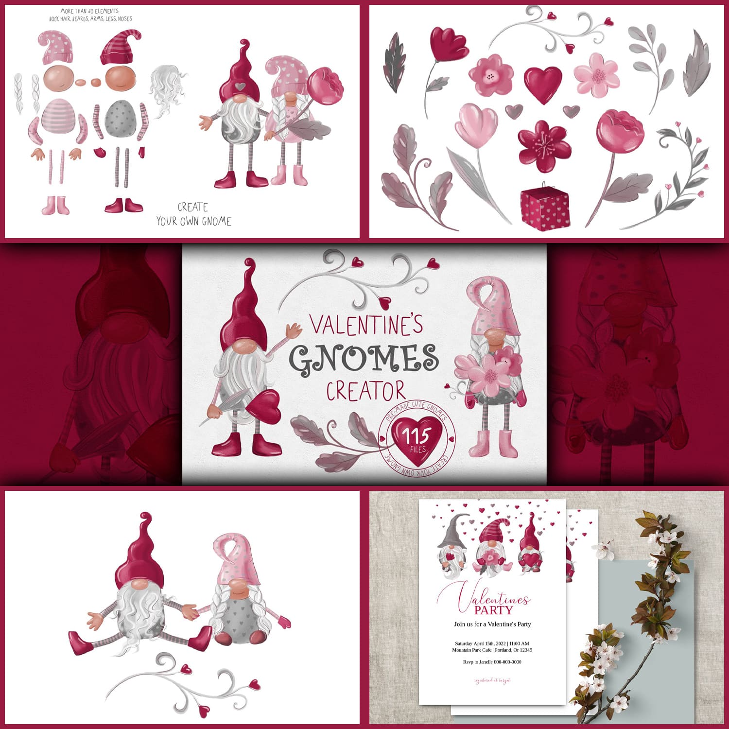 On a burgundy background, there are five slides with the image of gnomes in love.