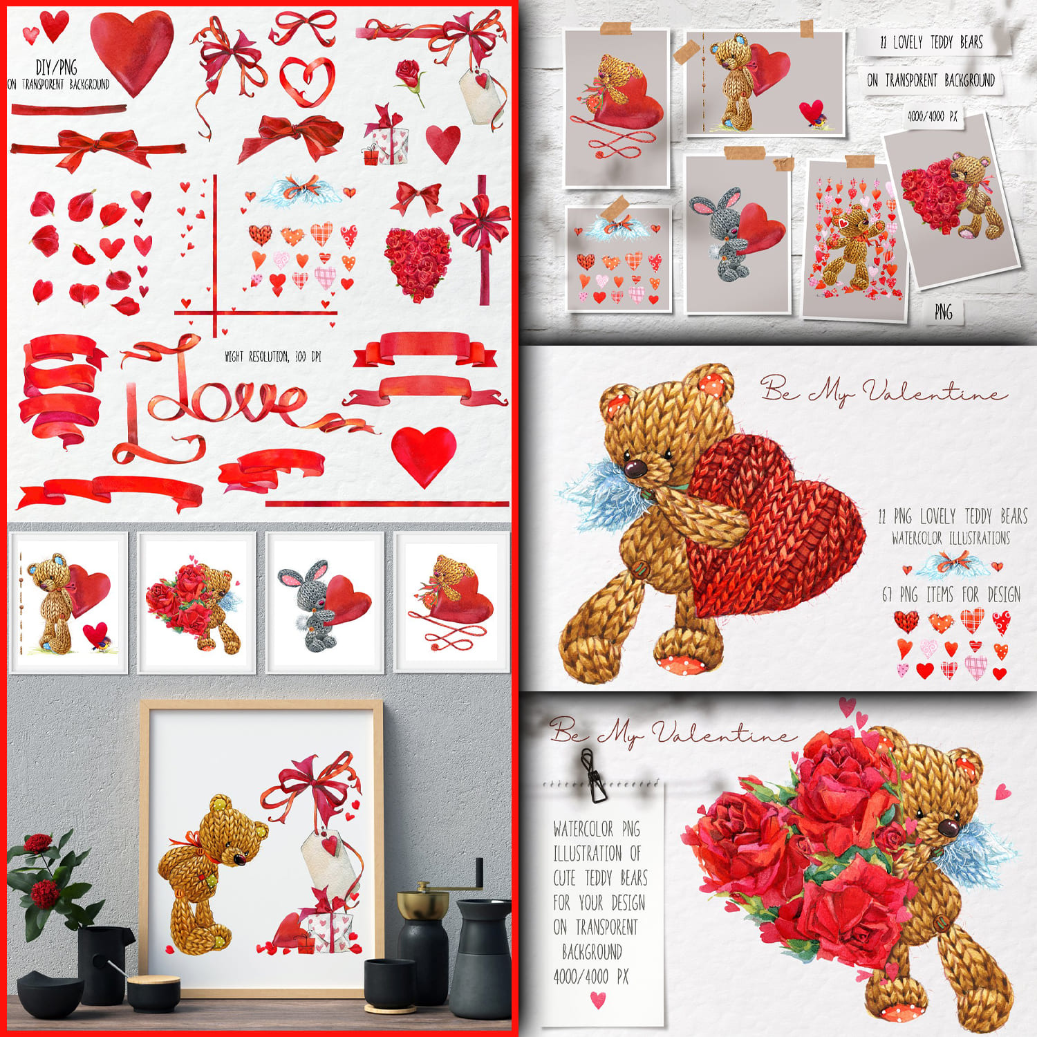 A knitted teddy bear and bunnies are decorated with red ribbons for Valentine's Day.