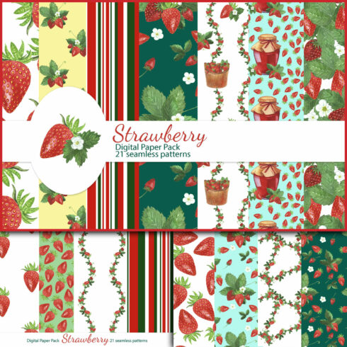 Striped pattern with the image of strawberries and strawberry flowers.