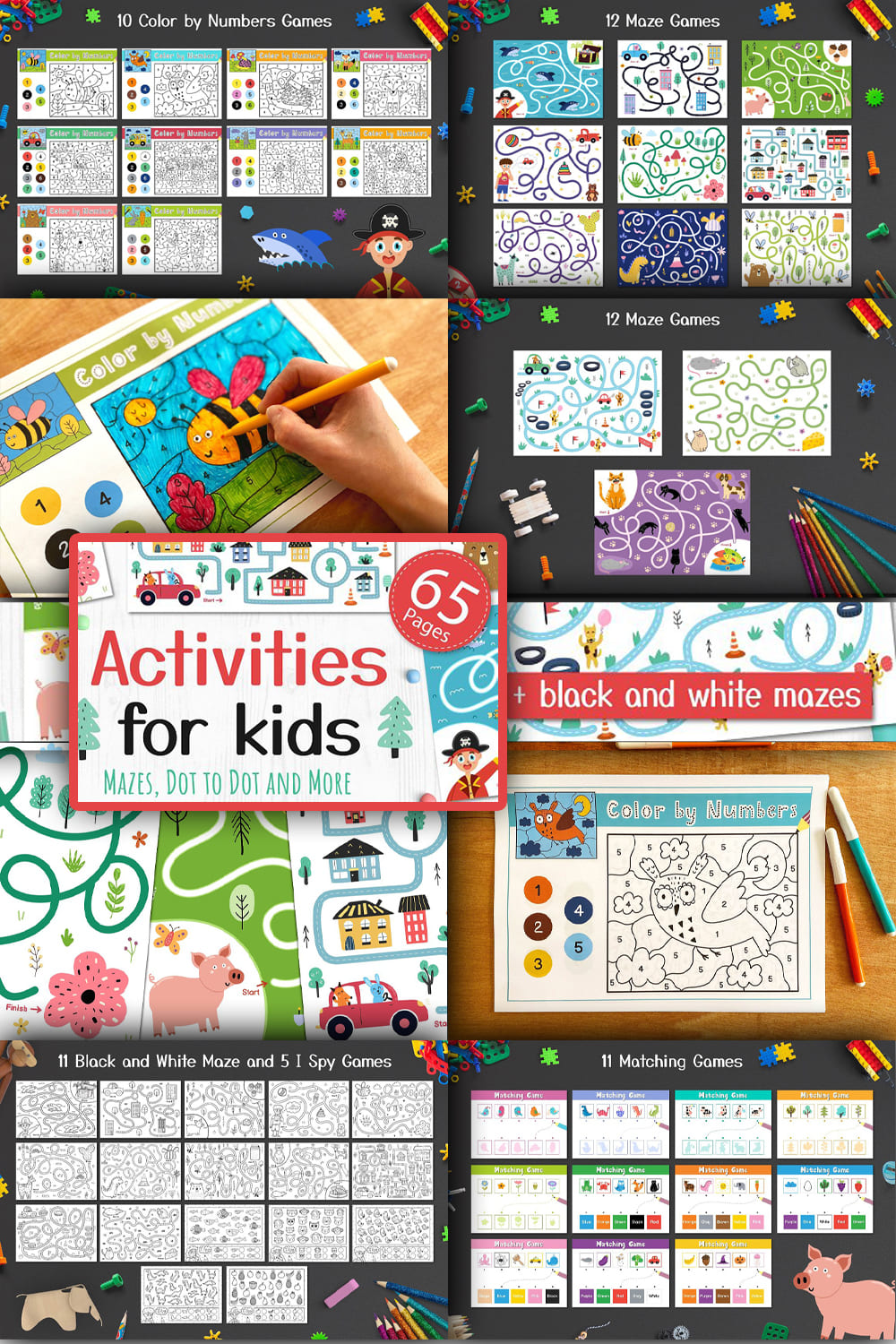 Color and black and white pictures with children's games.