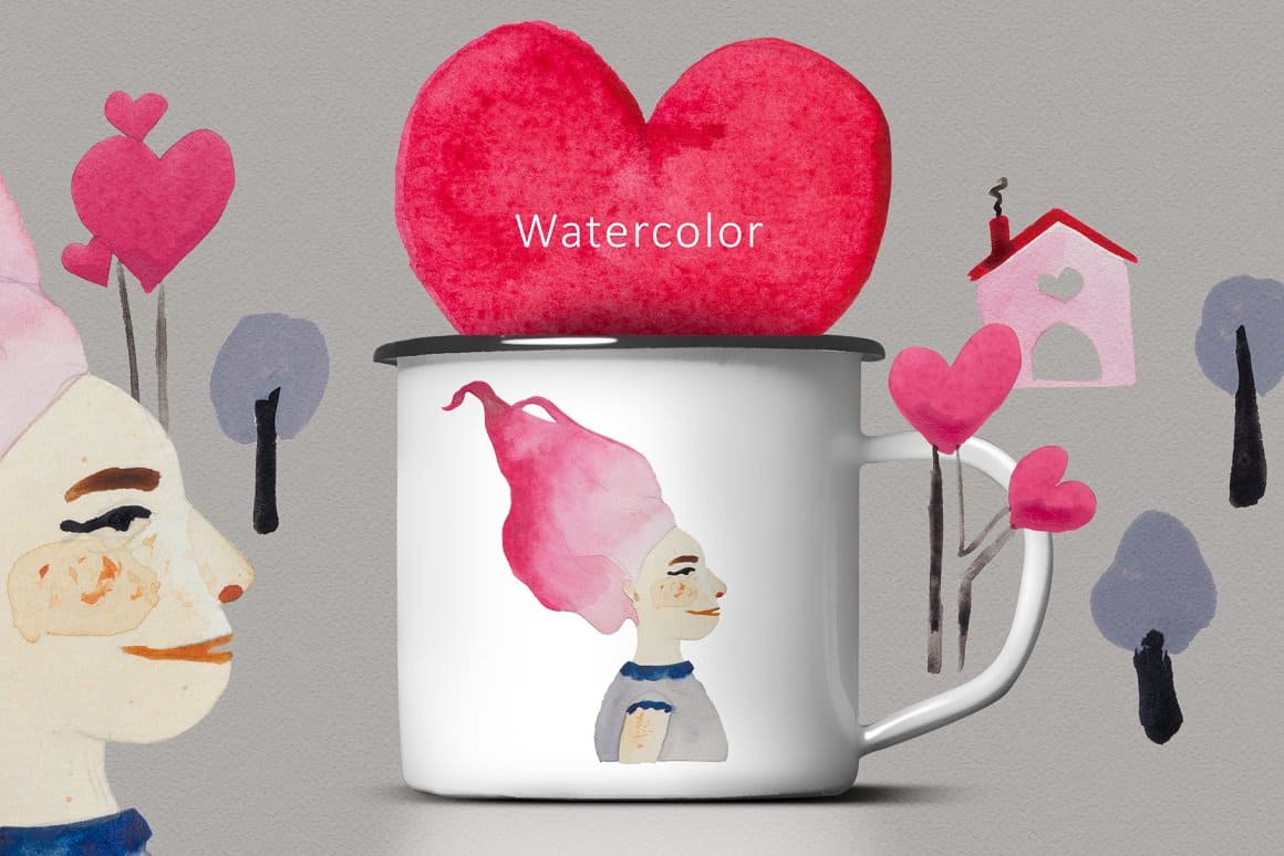 A girl with pink hair is drawn on the cup.