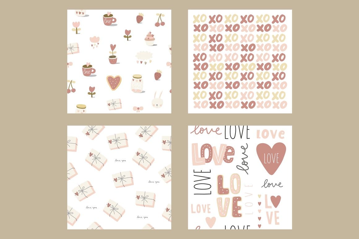 Four images with pictures of gifts and hearts.
