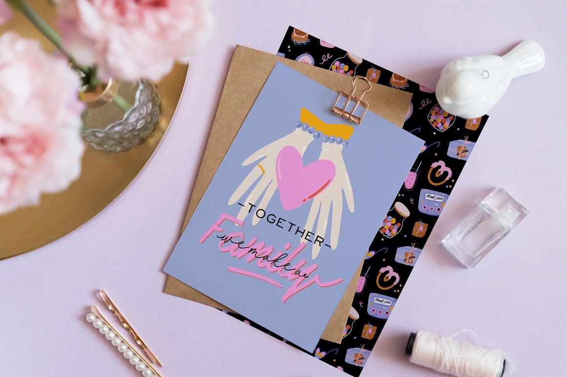 The light purple card features hands holding a romantic heart.