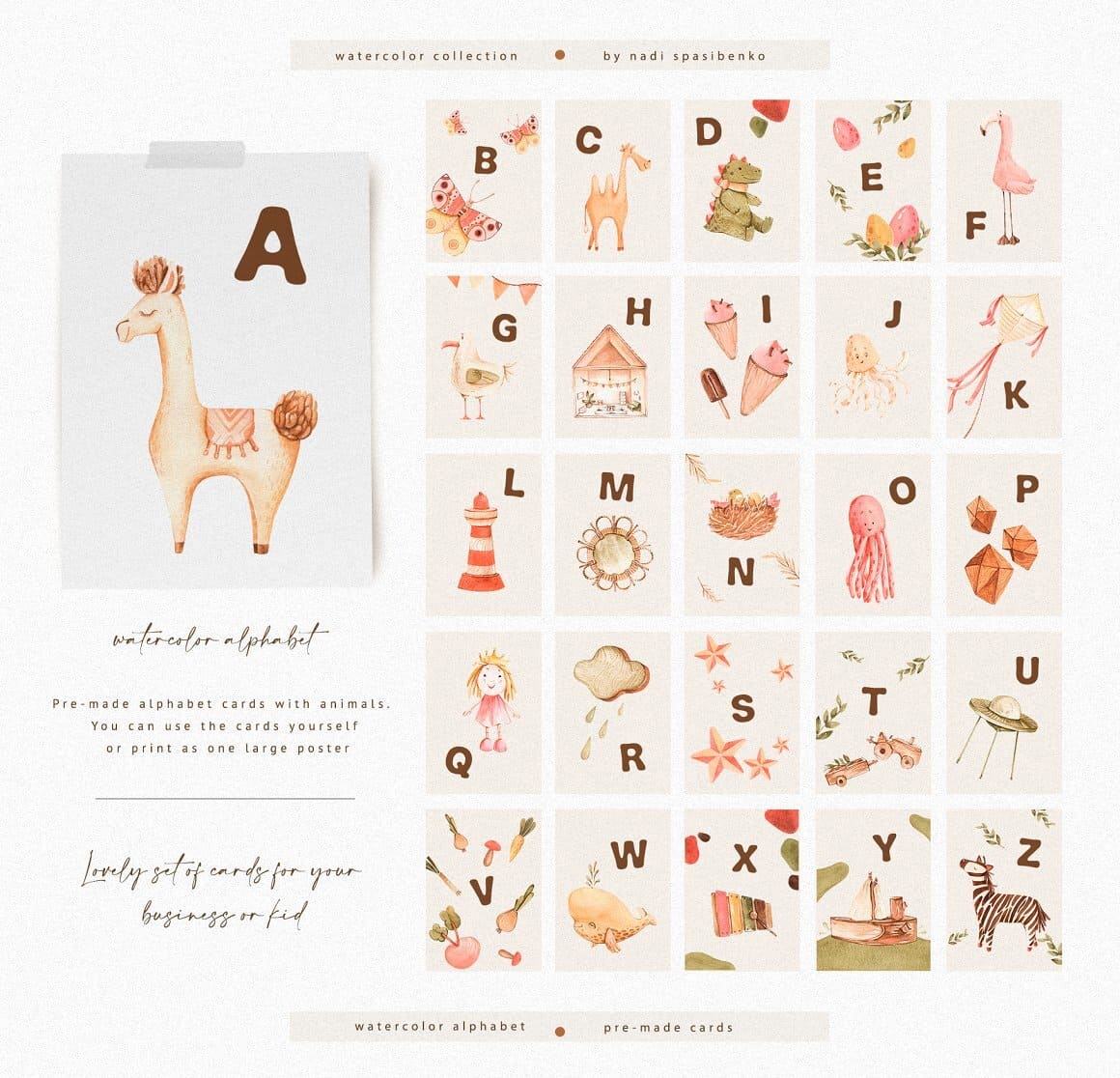 Pre-made cards with watercolor alphabet.