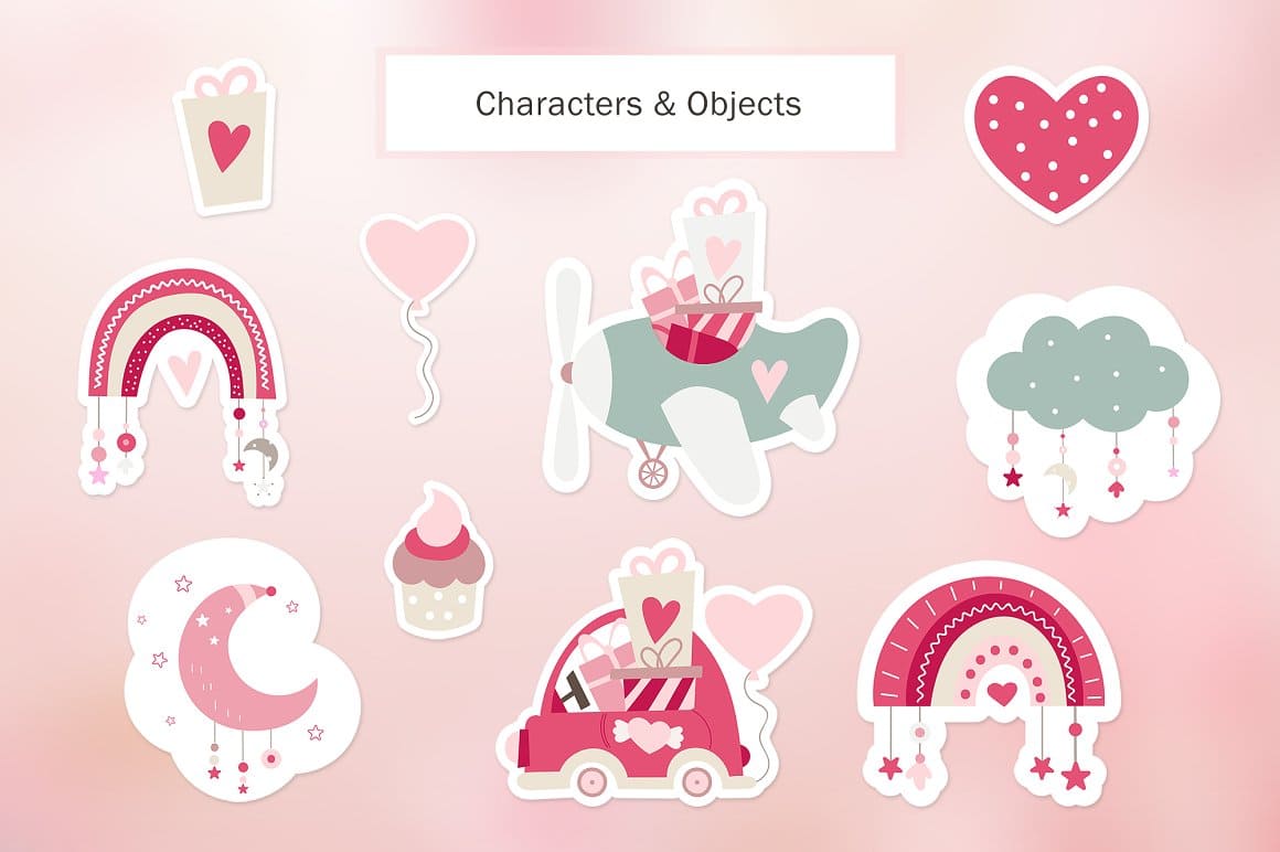 Characters and Objects of Valentine's Day Romantic Collection.