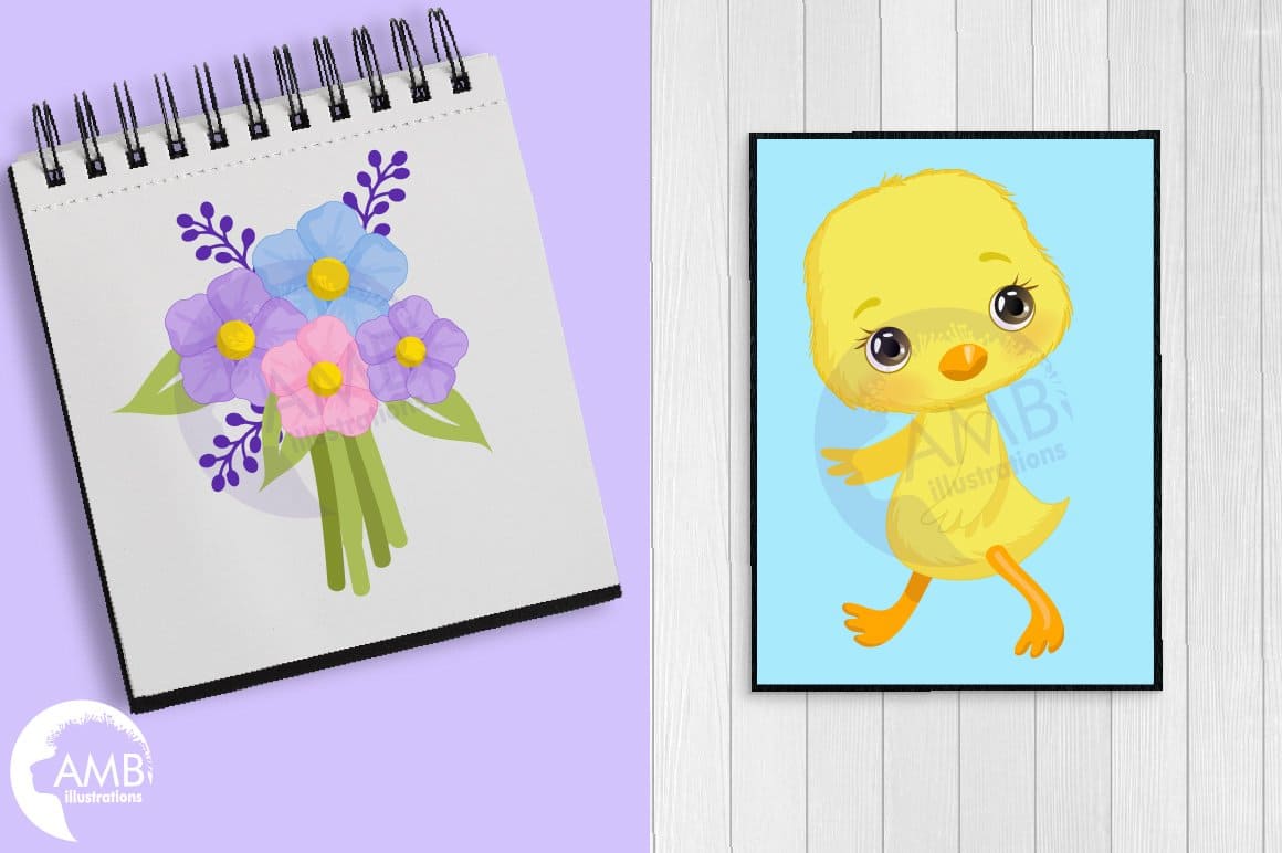 The spring-loaded notebook and the picture feature a cute Easter design.