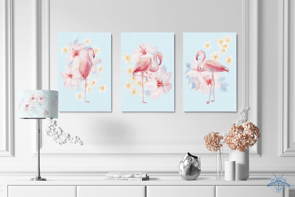 Three paintings from the composition of pink flamingos.