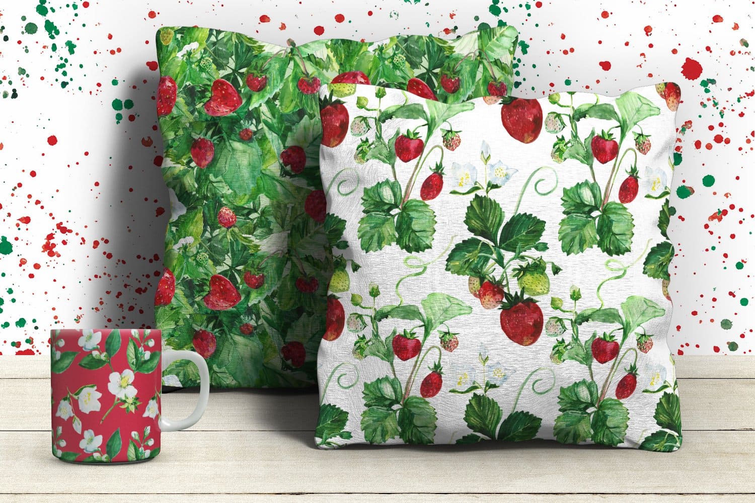 A pillow with a green and white background with the image of a strawberry.
