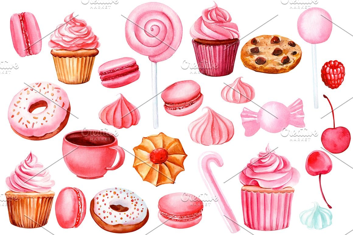 Marshmallows, cookies, donuts in pink colors and other sweets.