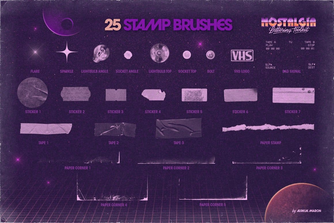 25 stamp brushes on the purple background.