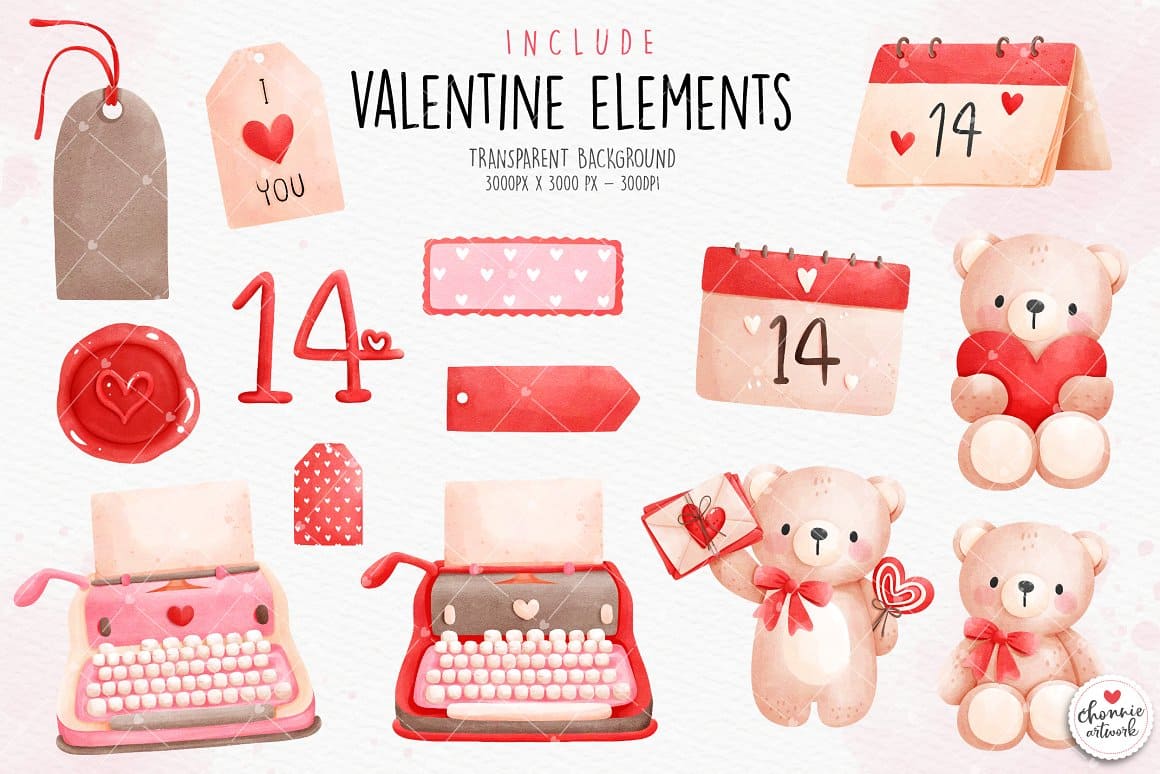 Calendars with the number 14, soft bears with hearts and a red bow.