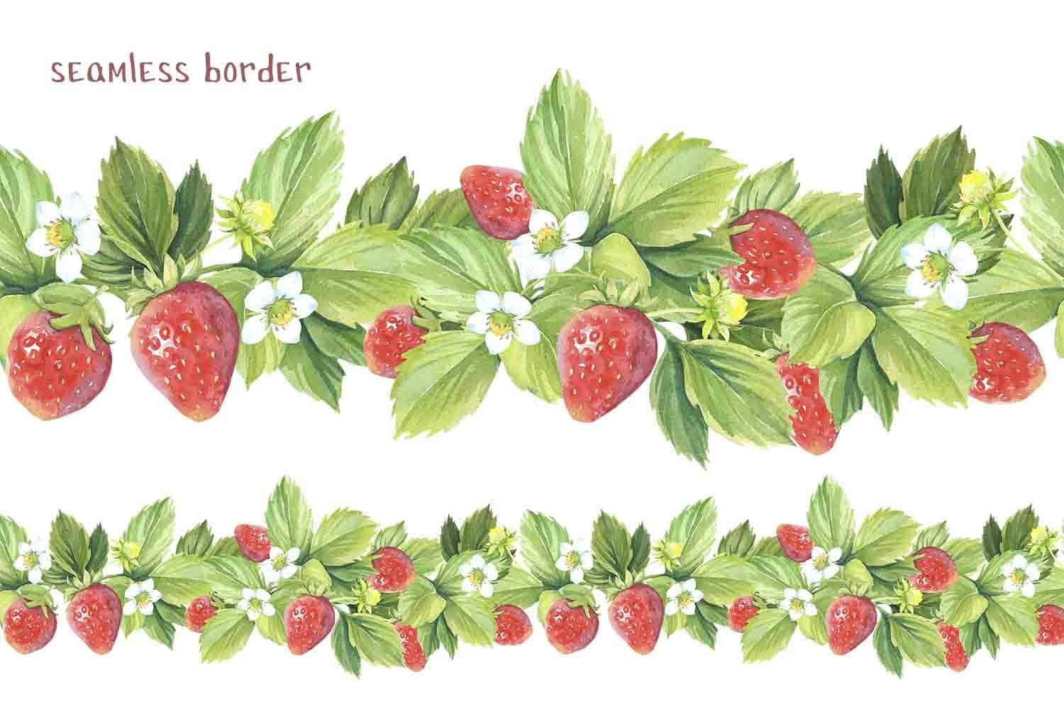 Painted borders consisting of strawberries, leaves and flowers.