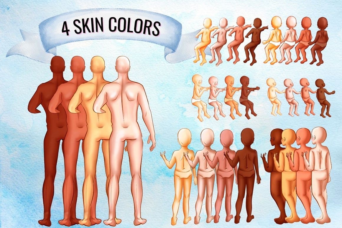 4 skin colors for dad and kids.