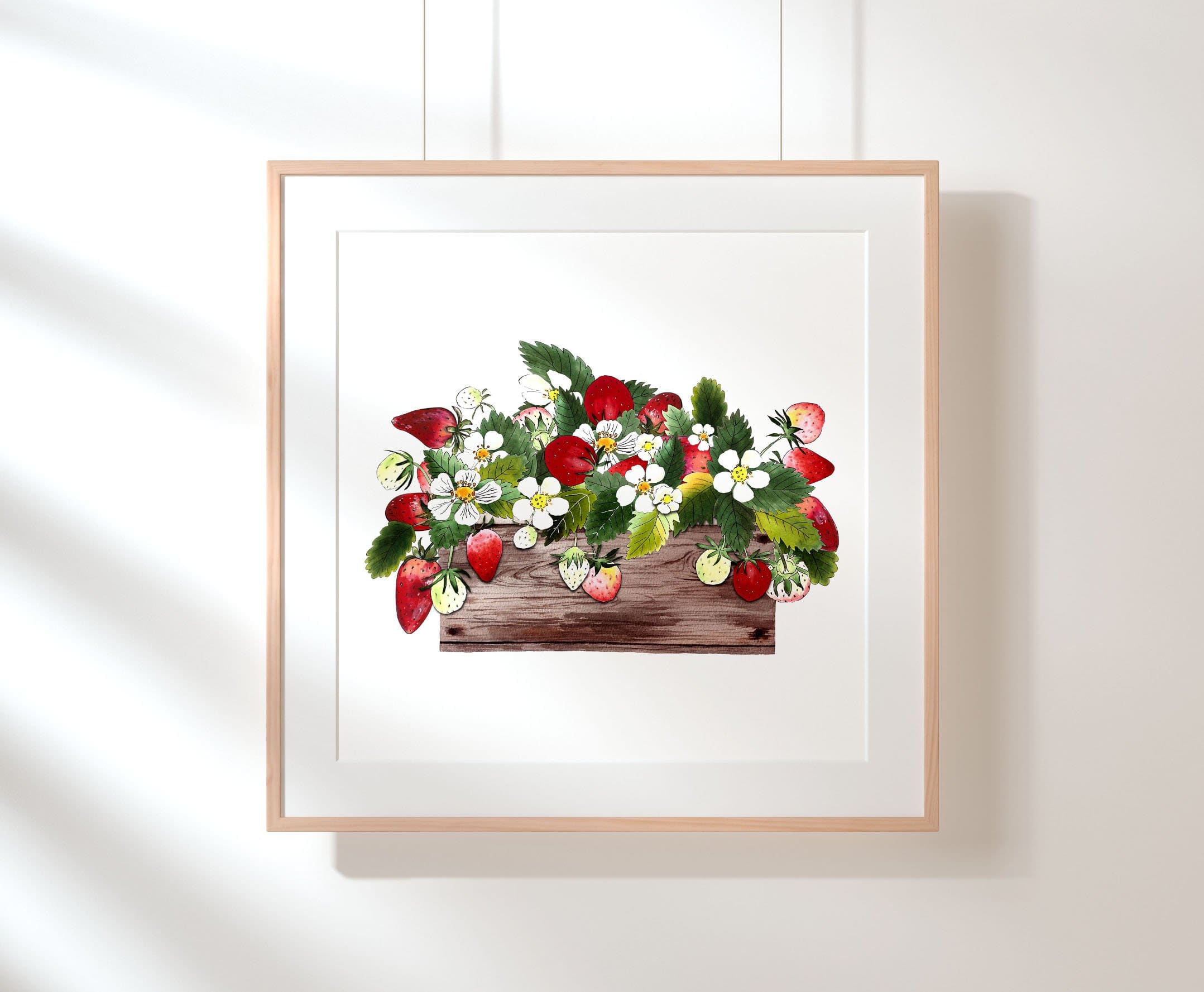 A picture with a wooden frame and a white background on which a box of strawberries is drawn.