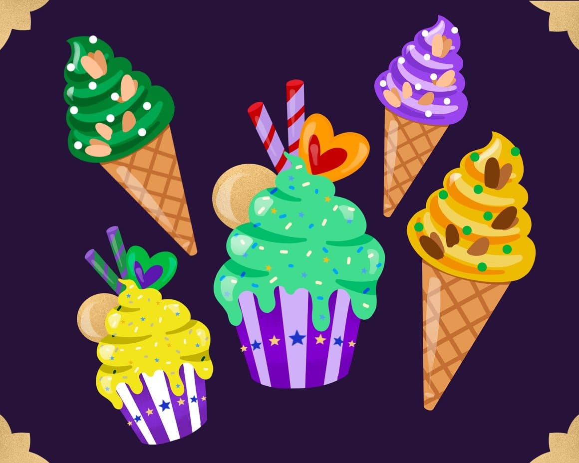 Colored ice cream and desserts on a purple background.