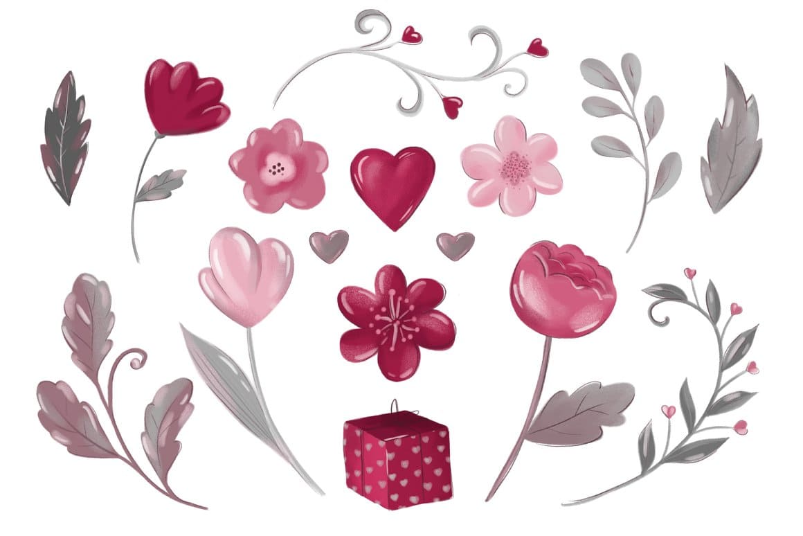 Plant elements in gentle tones for Valentine's Day.