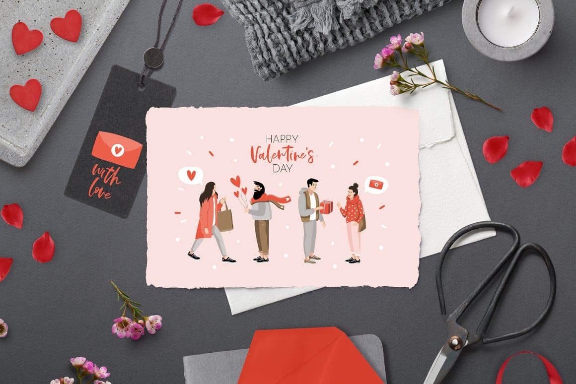 Pink card with the image of two couples in love.