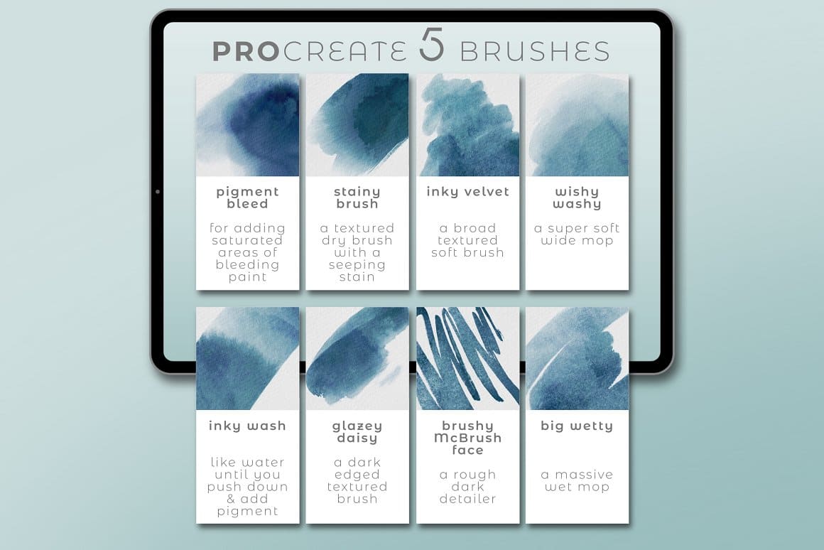 Procreate 5 brushes: pigment bleed, stainy brush, inky velvet and wishy washy.