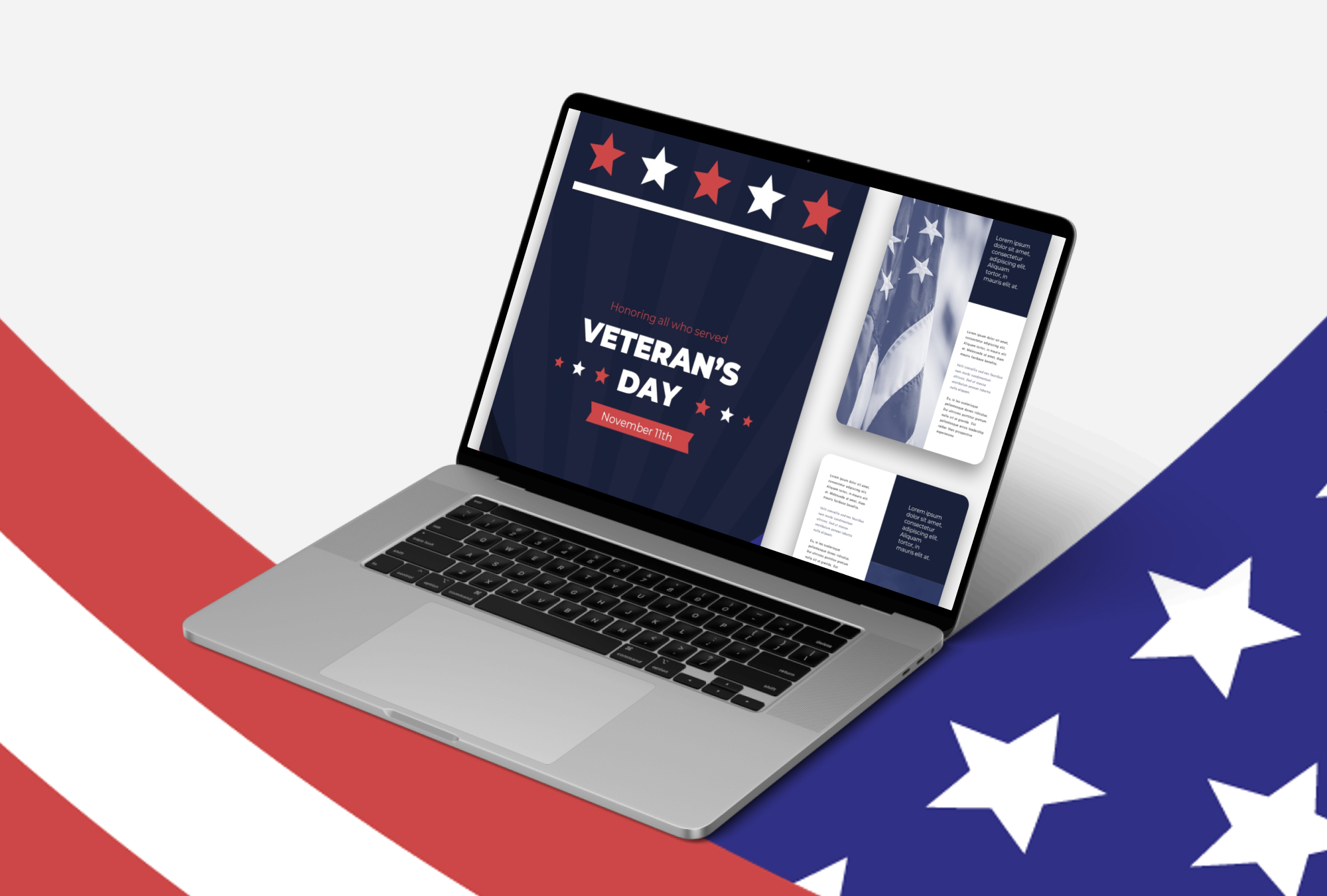 Preview on laptop veteransday template mockup.