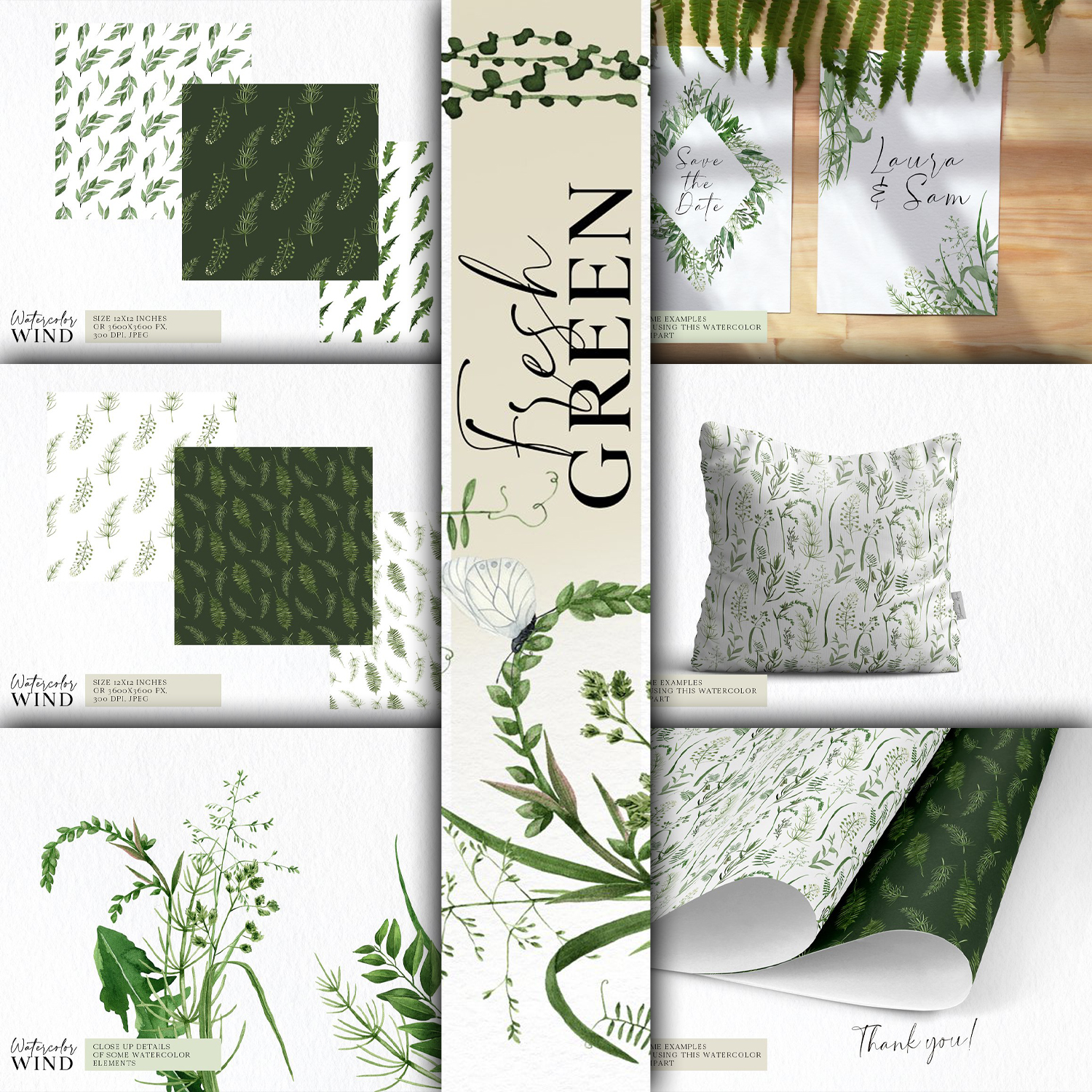 Images with watercolor greenery clipart plants.