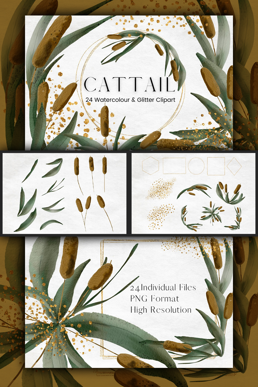 Pinterest illustrations of watercolour cattail clipart.