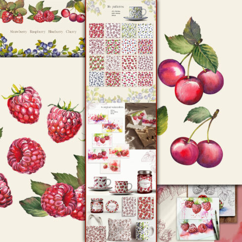 Small and large samples of watercolor images of berries.