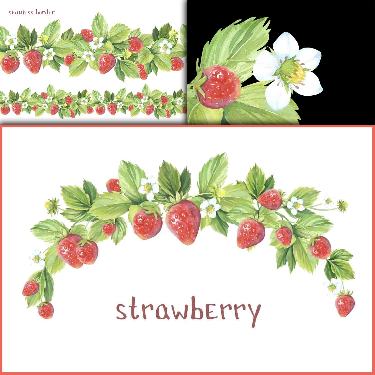 Watercolor collection of strawberry borders and elements.