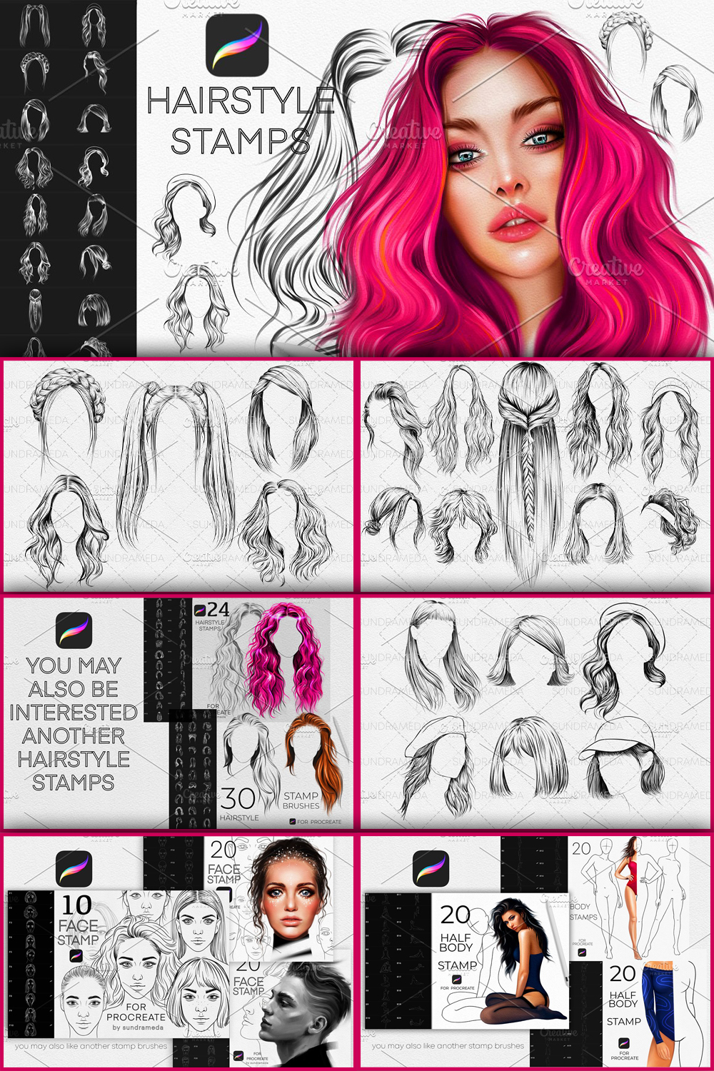 Illustrations of pinterest hairstyle stamp brushes procreate.