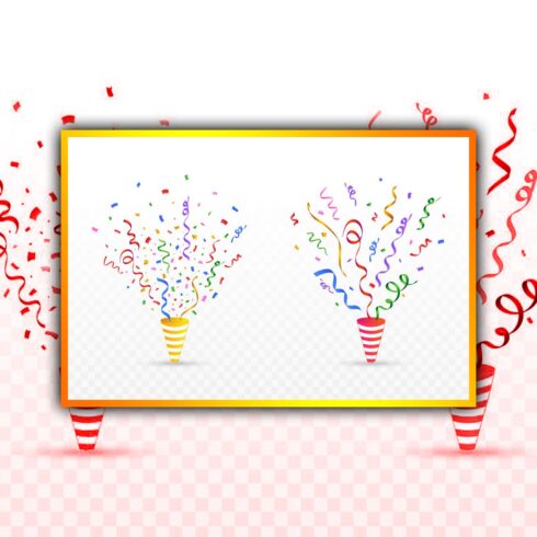 Confetti and ribbon explosion party is drawn on a light pink confetti background.