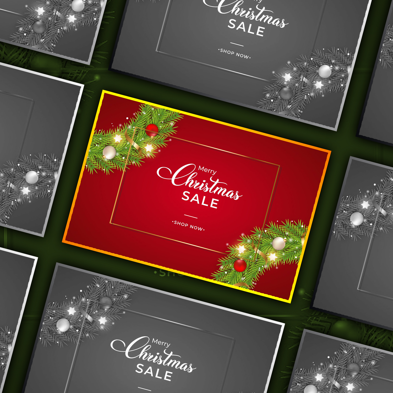 Images with christmas sales banner green wreath.