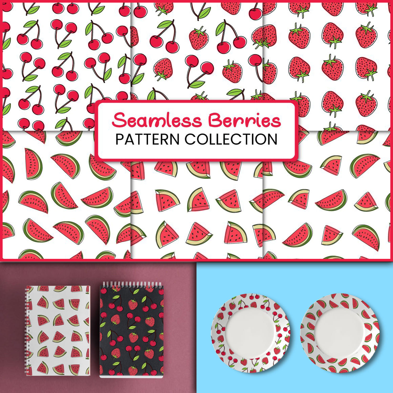 Prints with the image of cherries, strawberries, watermelons, etc.