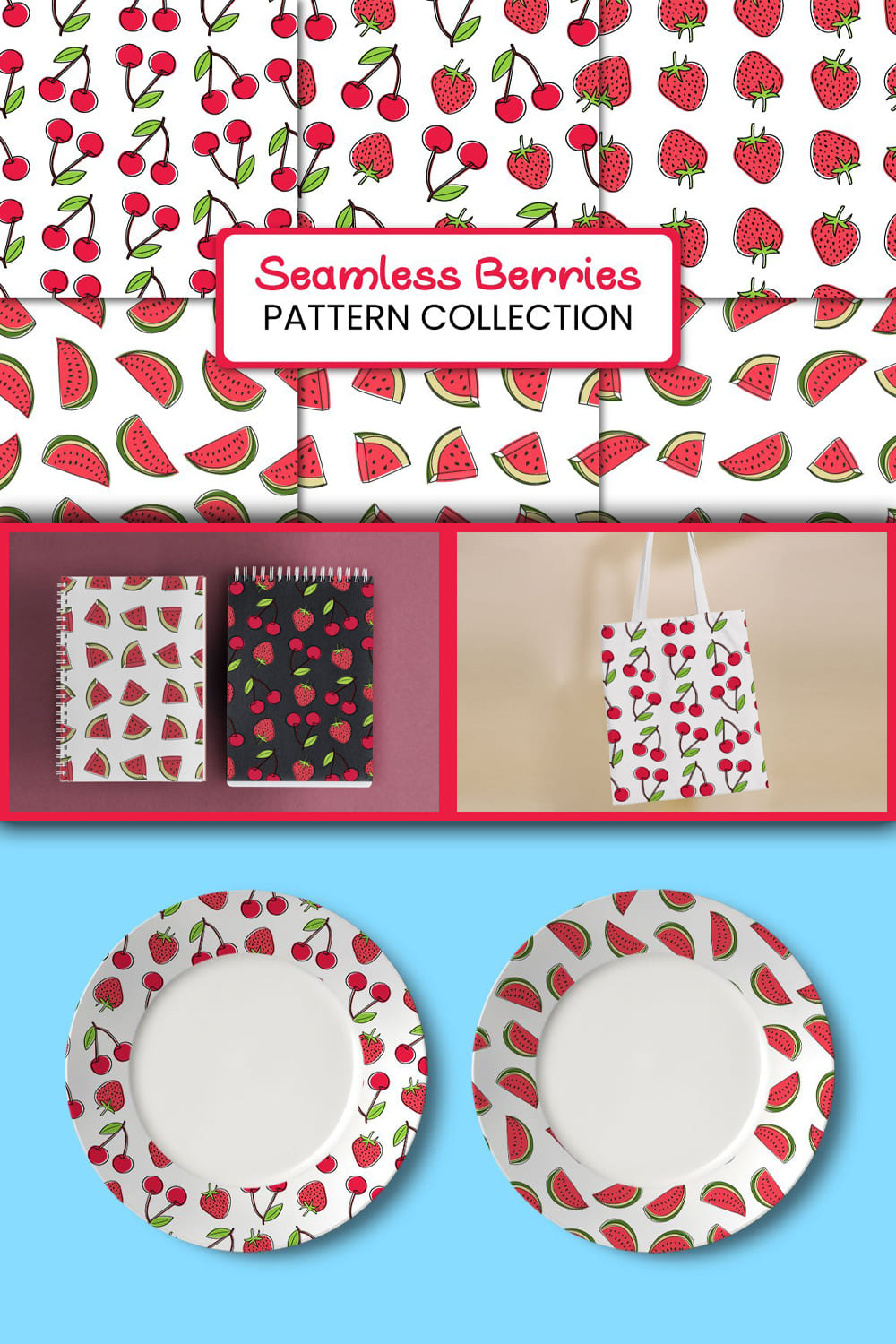 Objects with a berry print are drawn on colored backgrounds.