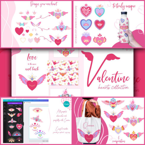 Illustrations with valentines day hearts and wings.