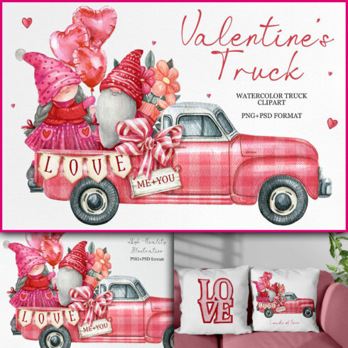 Valentine gnomes truck clipart high-quality illustration.