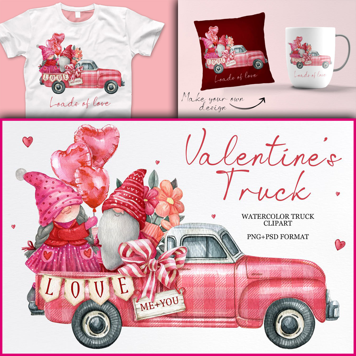 The pink truck is decorated with bows, flowers and heart-shaped balloons.