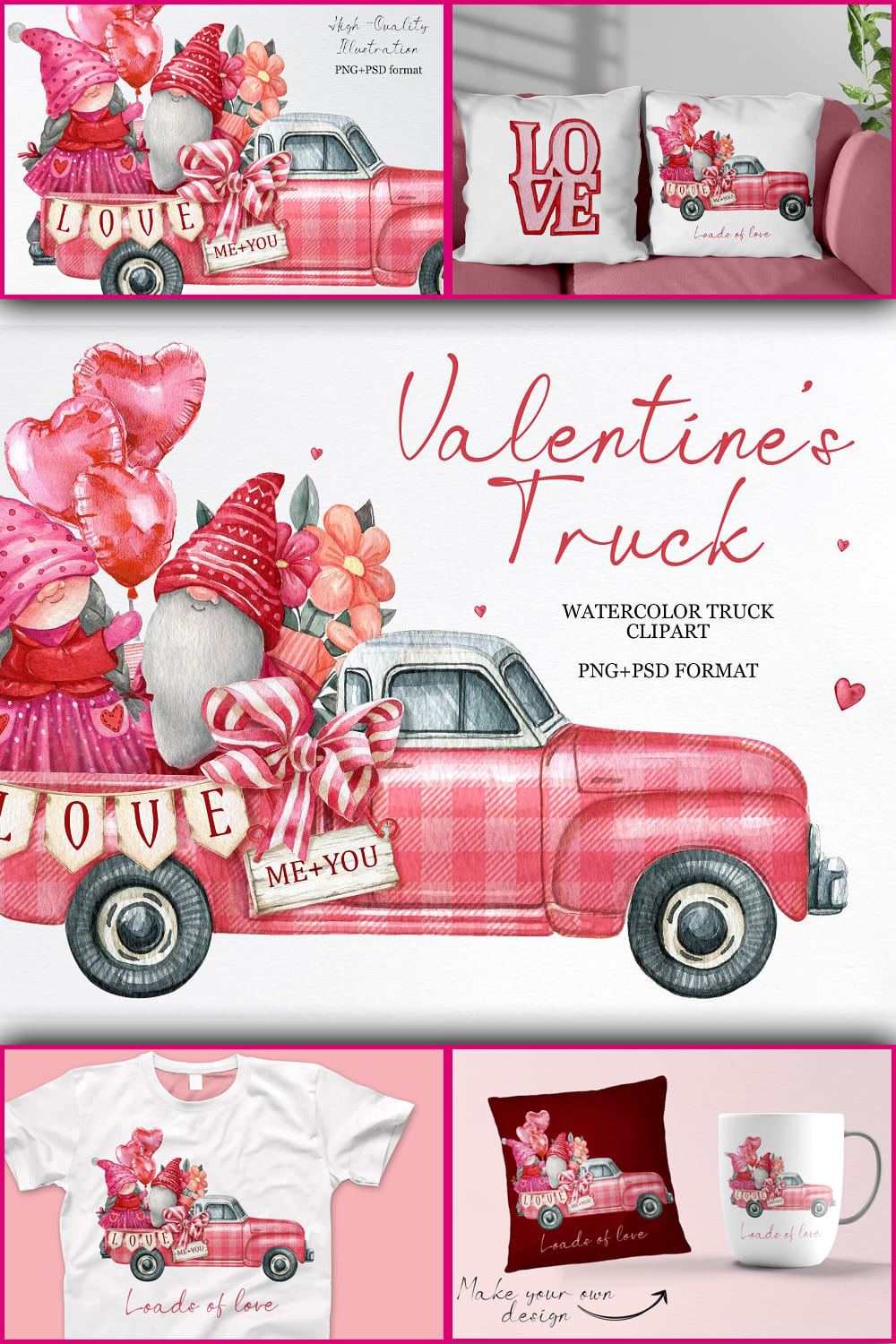 Valentine gnomes truck clipart.