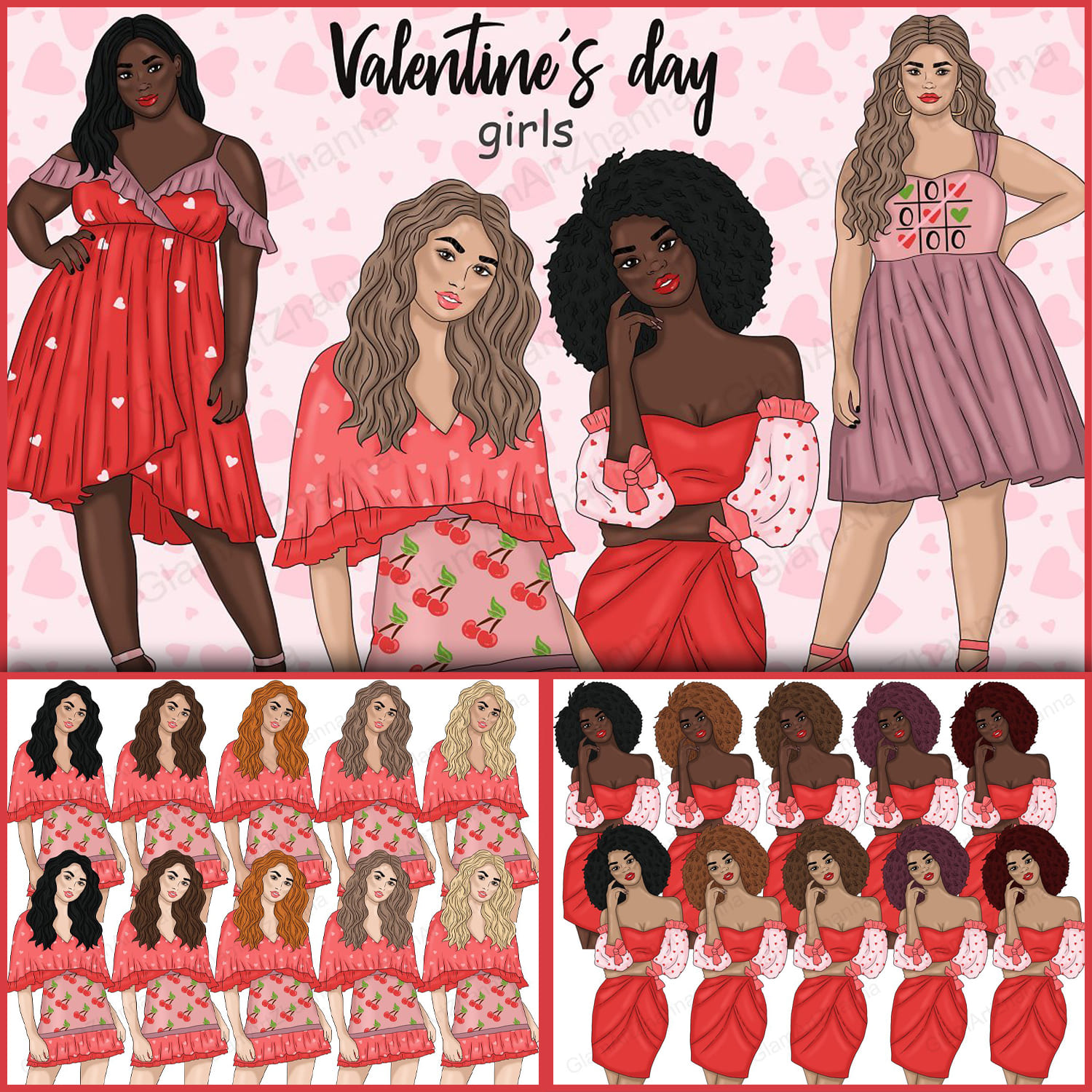 Four options for girls in different dresses for Valentine's Day.