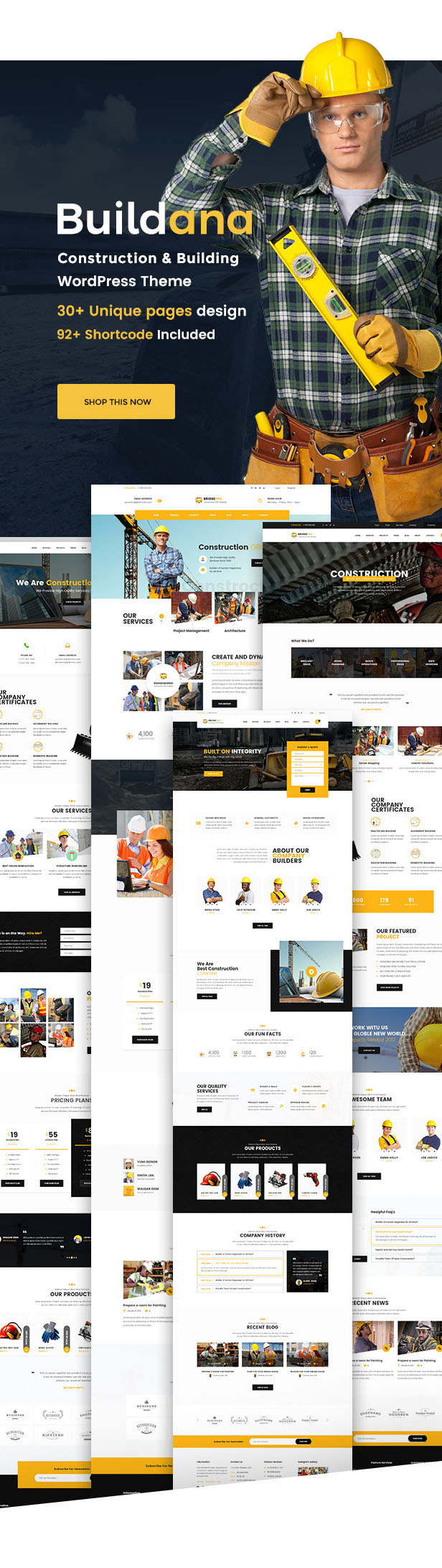 Courtesy images of site template pages for the construction theme.