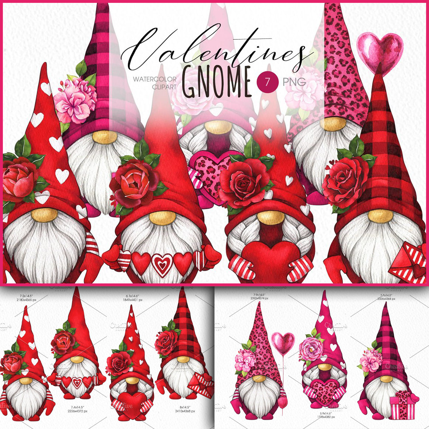 Many Valentines gnomes brightly decorated for Valentine's Day.