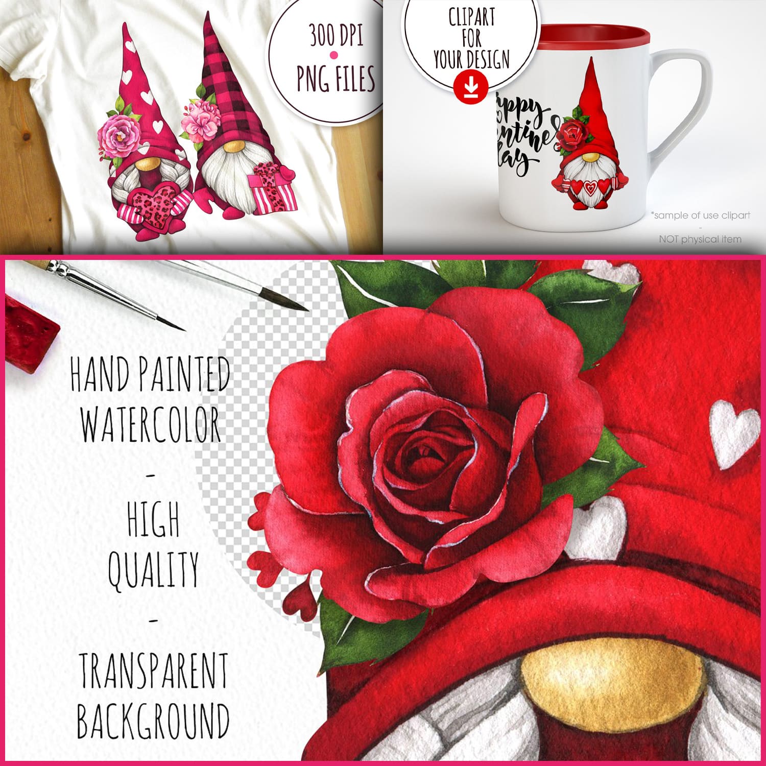 Examples of using Valentine's gnomes in pink and red colors.