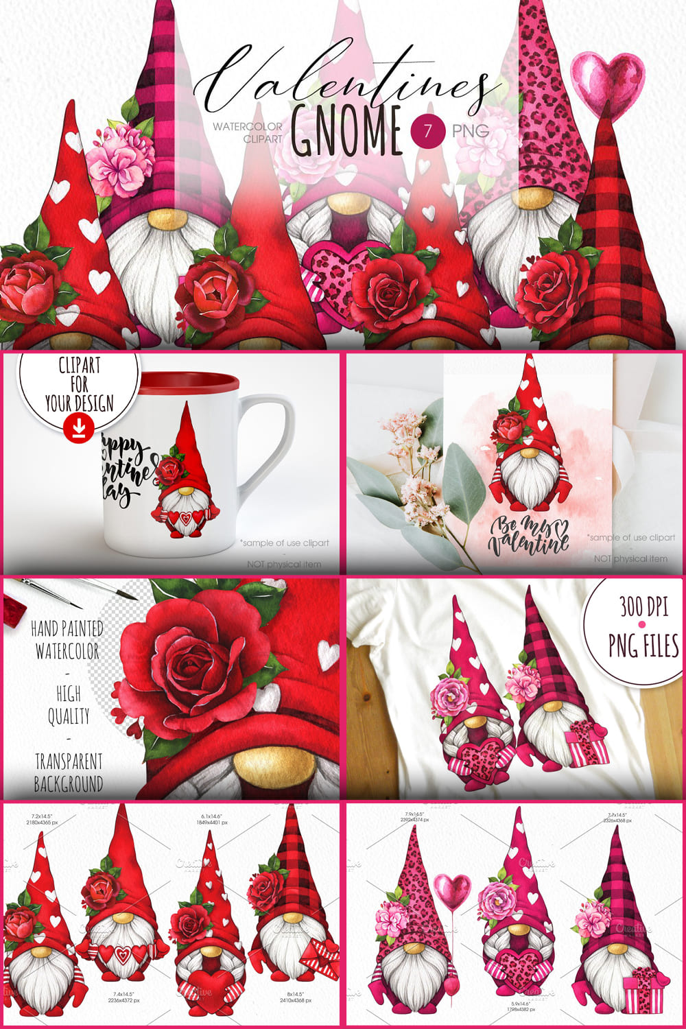 T-shirts, cups, cards are decorated with Valentine's gnomes.