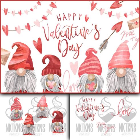Magical gnomes hold small valentines in their hands.