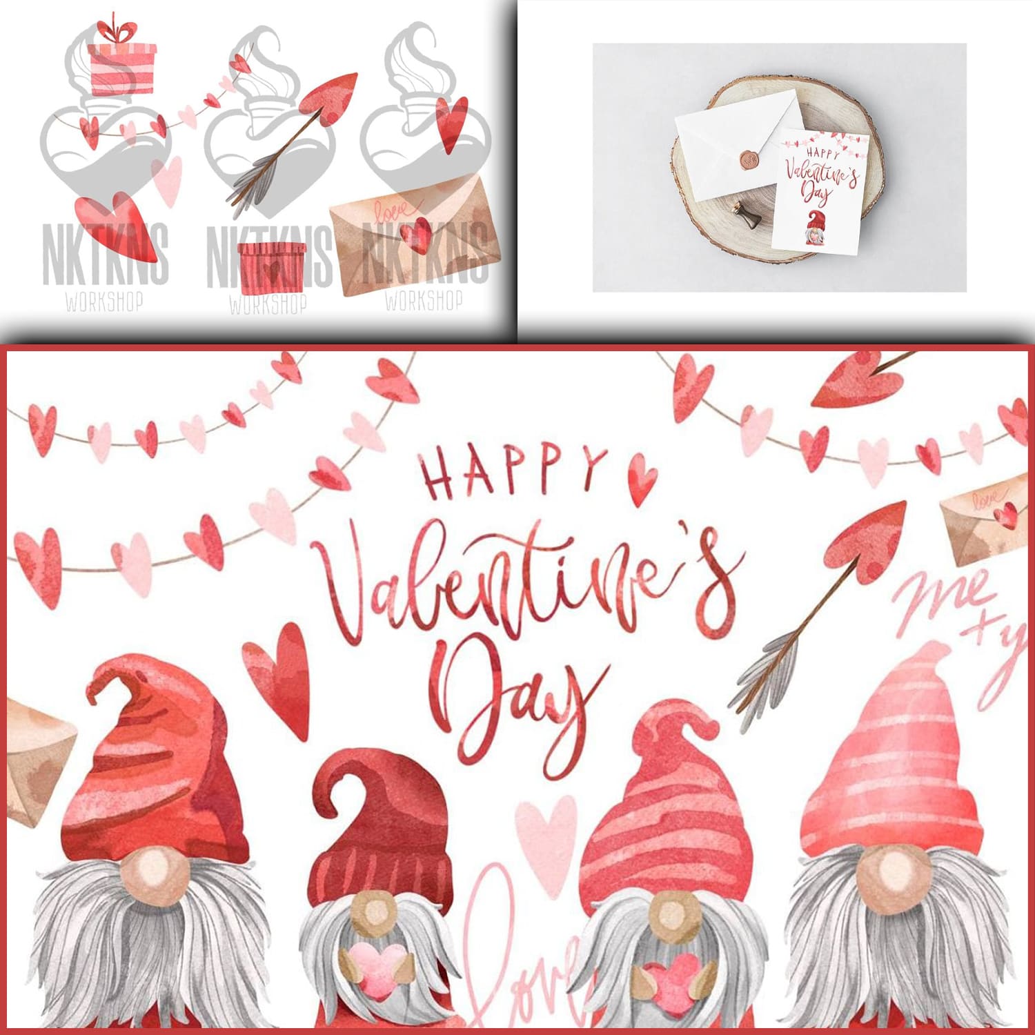 Examples of using watercolor hearts and gnomes on postcards.