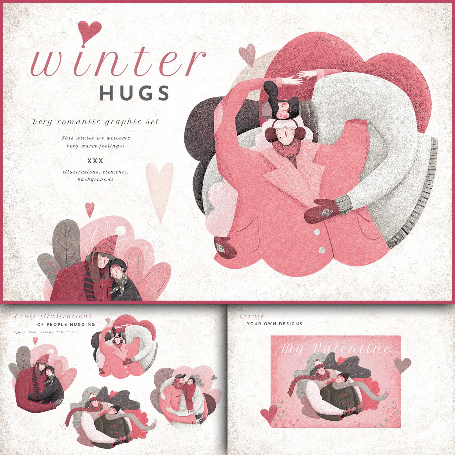 Prints with winter hugs illustrations set.