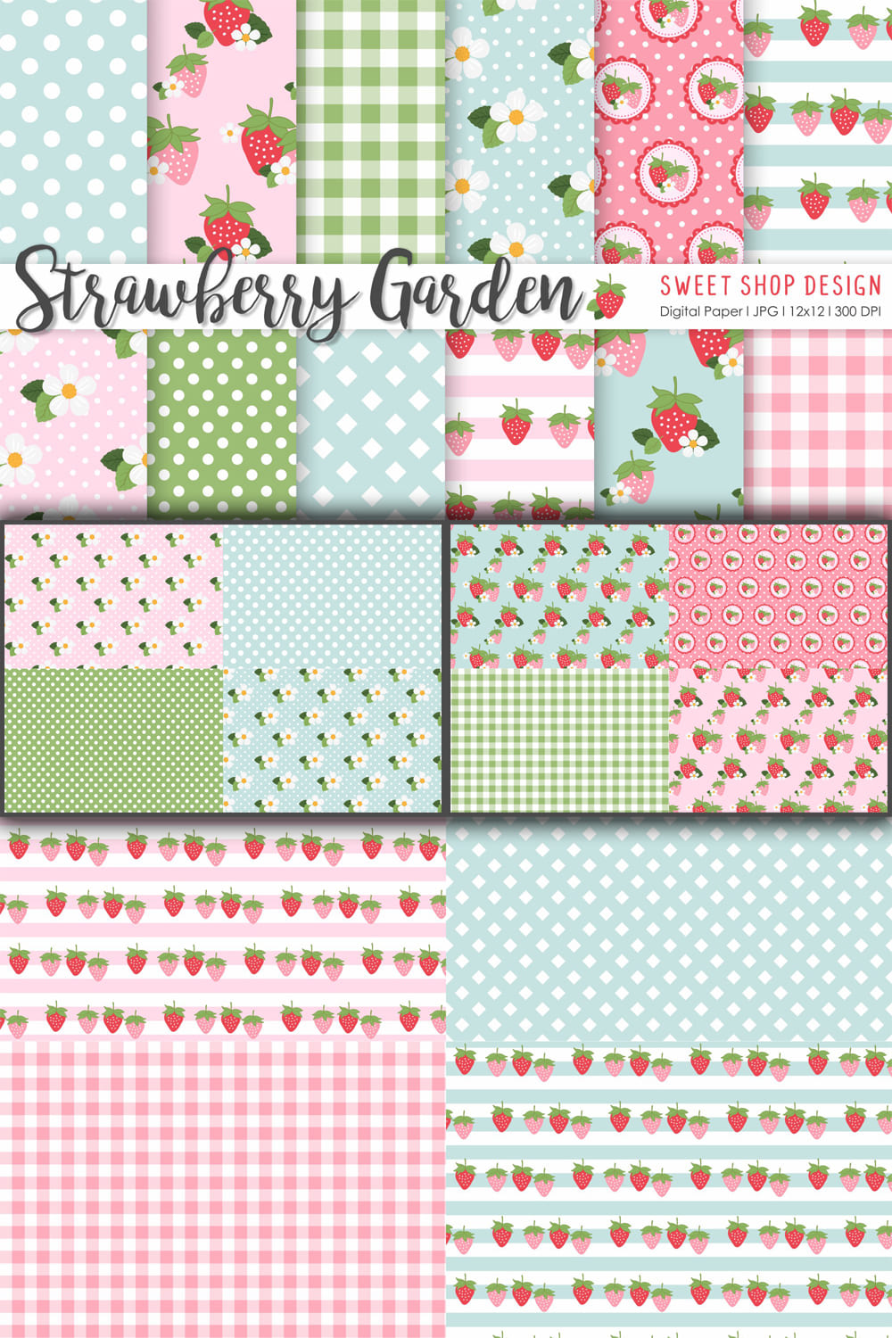Patterns with geometric patterns and strawberry design.