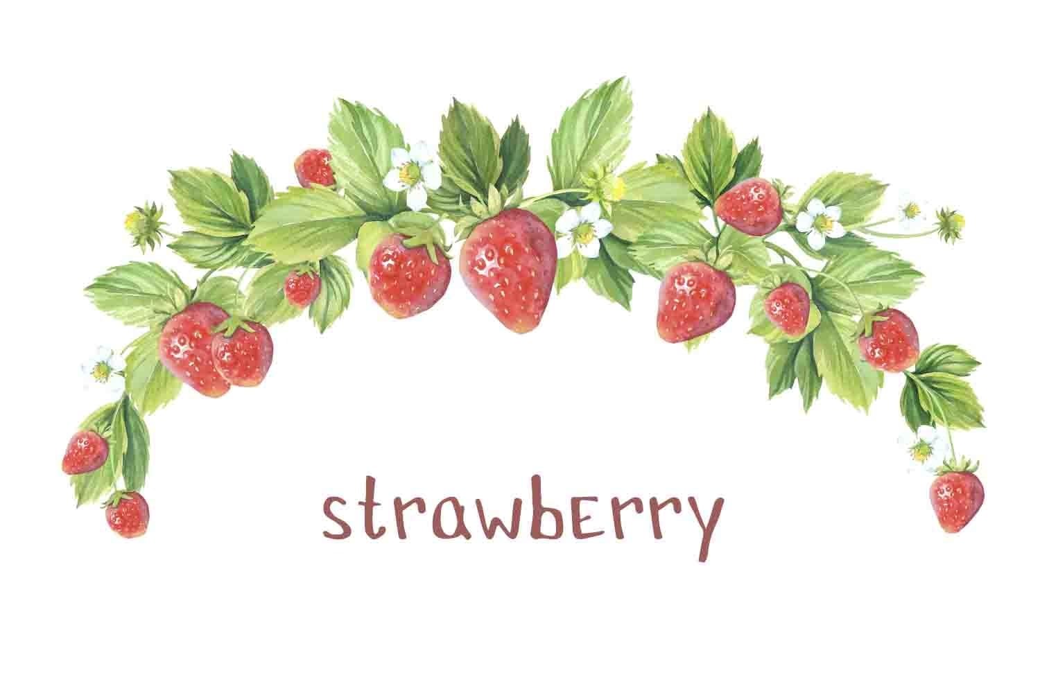 Strawberries of different sizes, strawberry leaves and flowers in the form of a border.