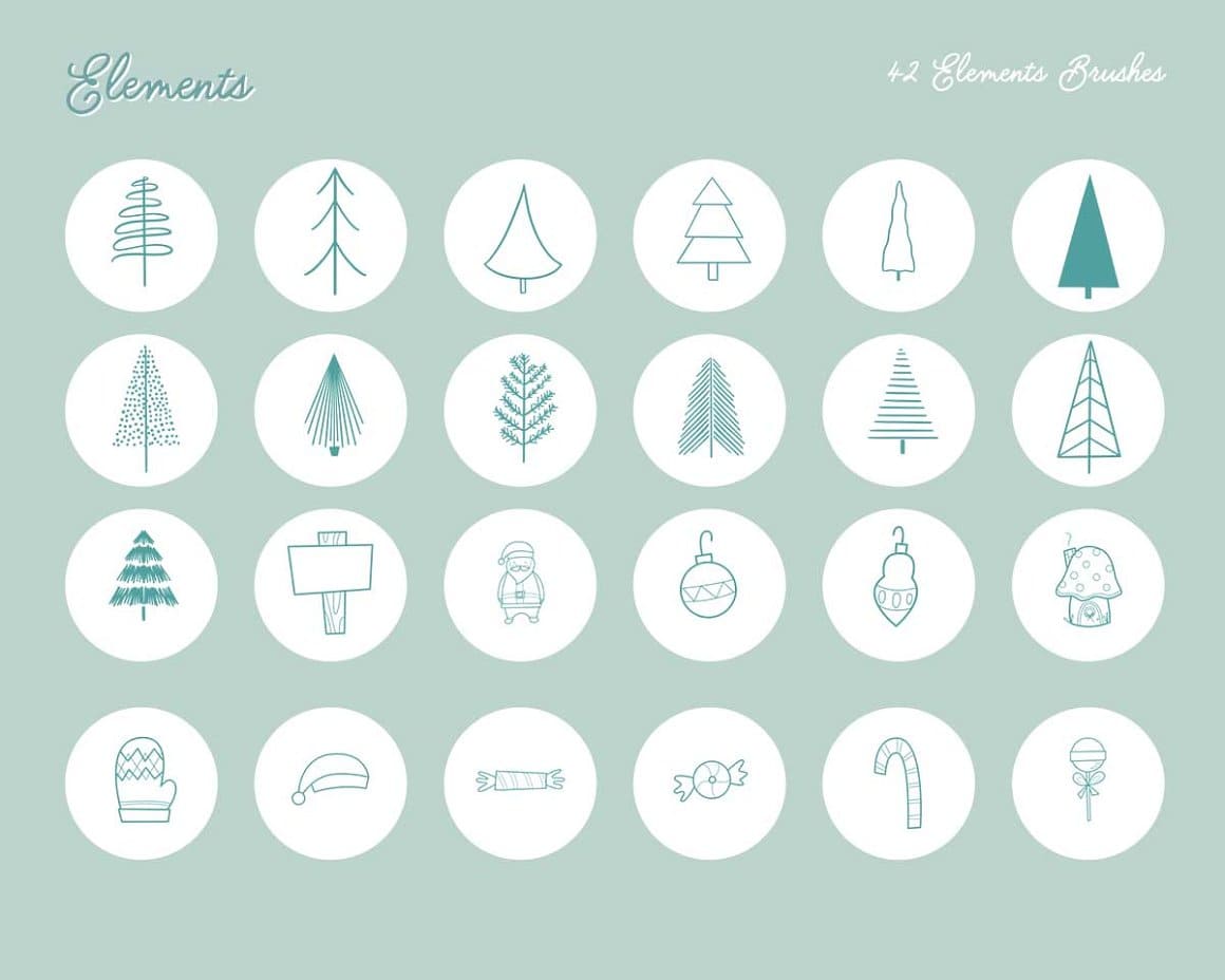 42 elements of brushes with pictures of Christmas trees and Christmas toys.